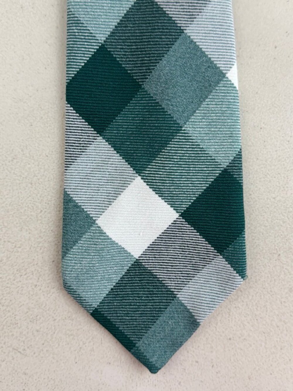 Vintage Green/White Checkered Plaid Tie 70s Twill Wool/Acrylic Wide Necktie